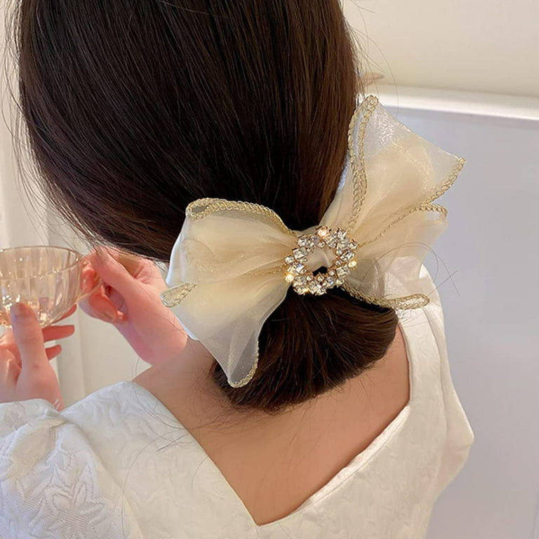 Large Satin Hair Bow with Pearl Rhinestone Center Flower Girl - Bows Etc.