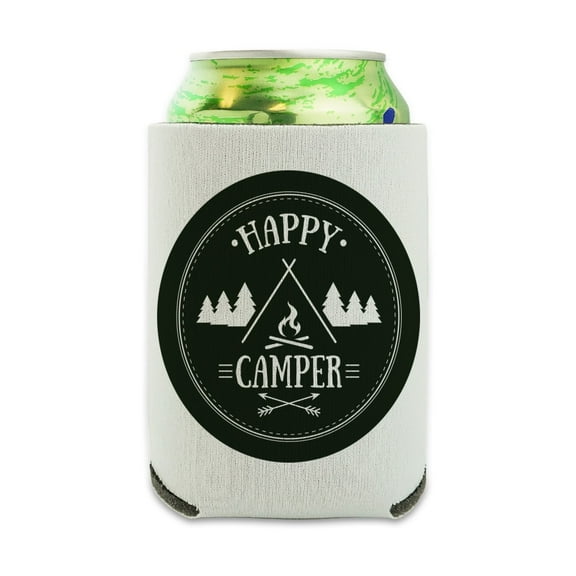 Happy Camper with Campfire Can Cooler - Drink Sleeve Hugger Collapsible Insulator - Beverage Insulated Holder