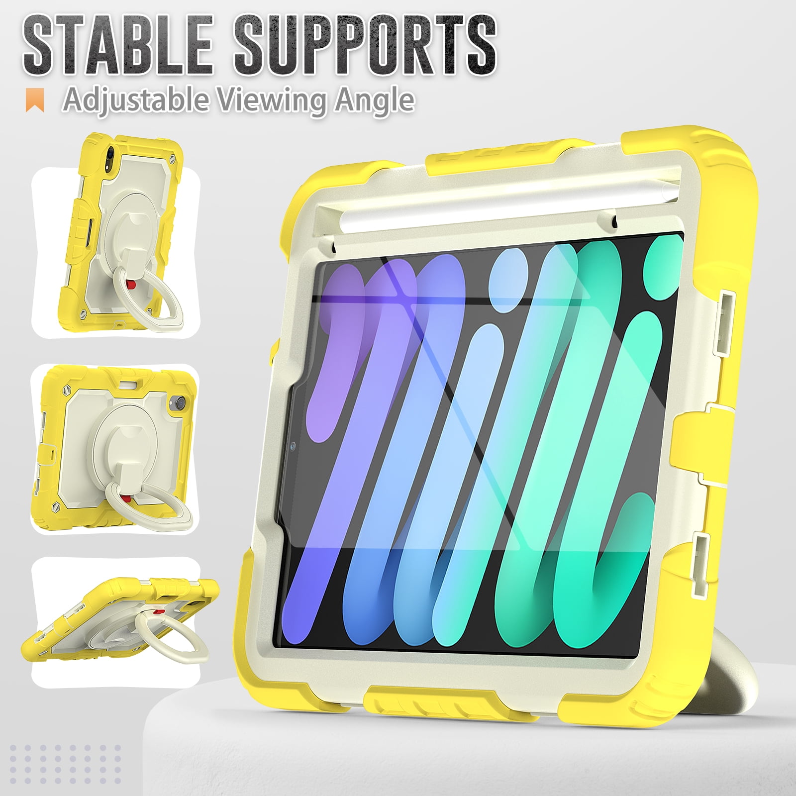 Allytechgroup Screen Protector Case for Apple iPad mini 7th Gen/ 6th Gen 8.3 Inch, Heavy Duty Protective Build-in Pencil Holder Handle Stand Rugged Bumper Case Kids Friendly for iPad mini 6 7, Yellow