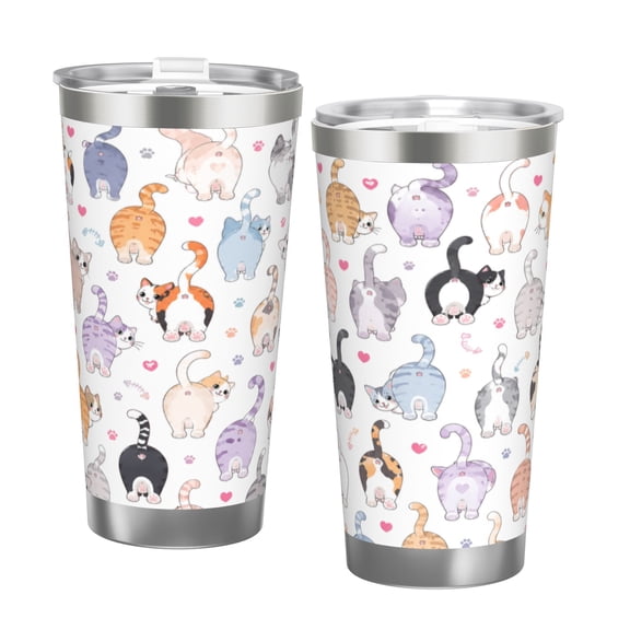 20oz Funny Cat Butt Insulated Tumbler with Handle and Straw Cute Kitty Travel Cup Gift for Cat Lovers with Double Silver Rim
