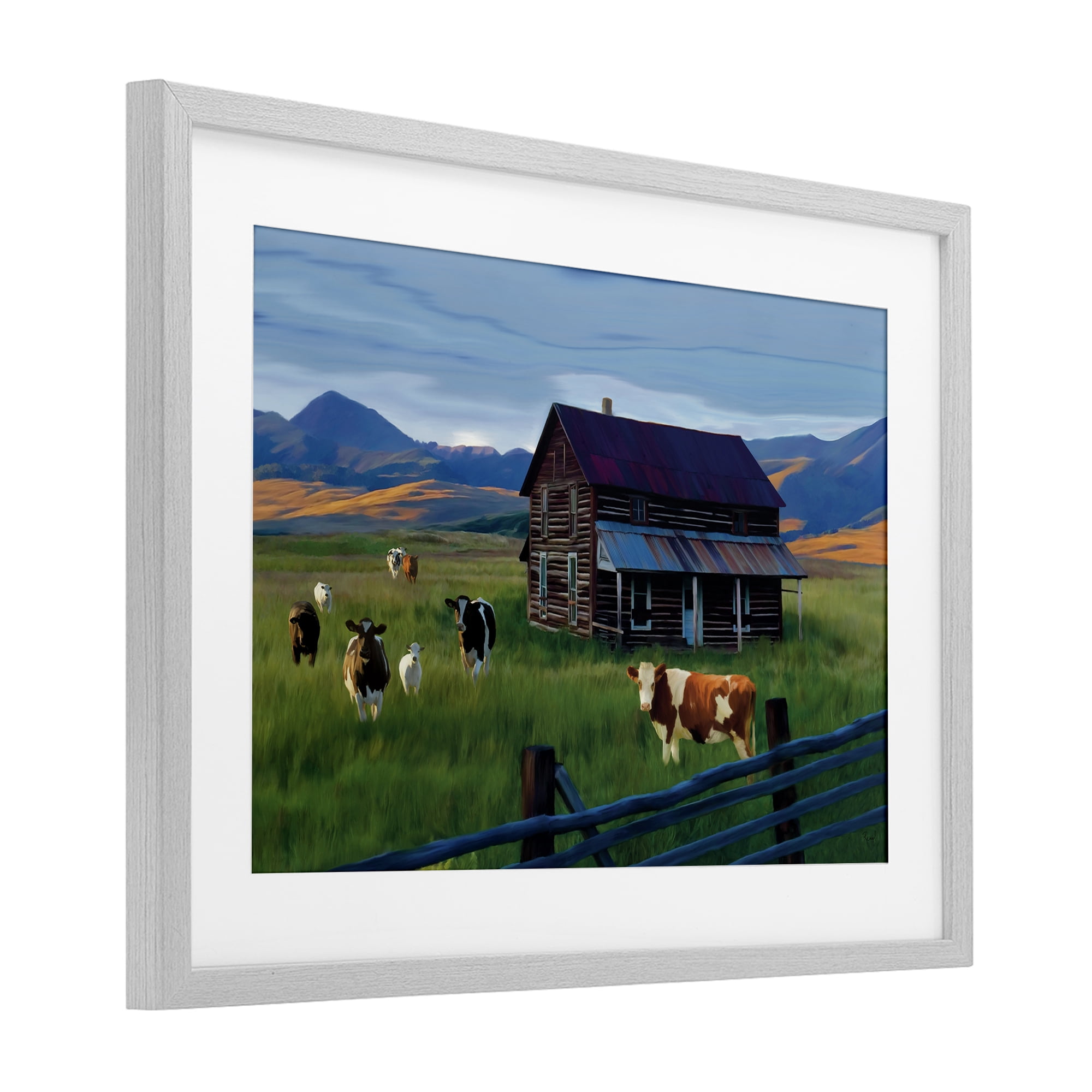 Stupell Industries Grazing Cattle at Solitary Cabin Gray Framed Print Under Glass, design by Renel Peters