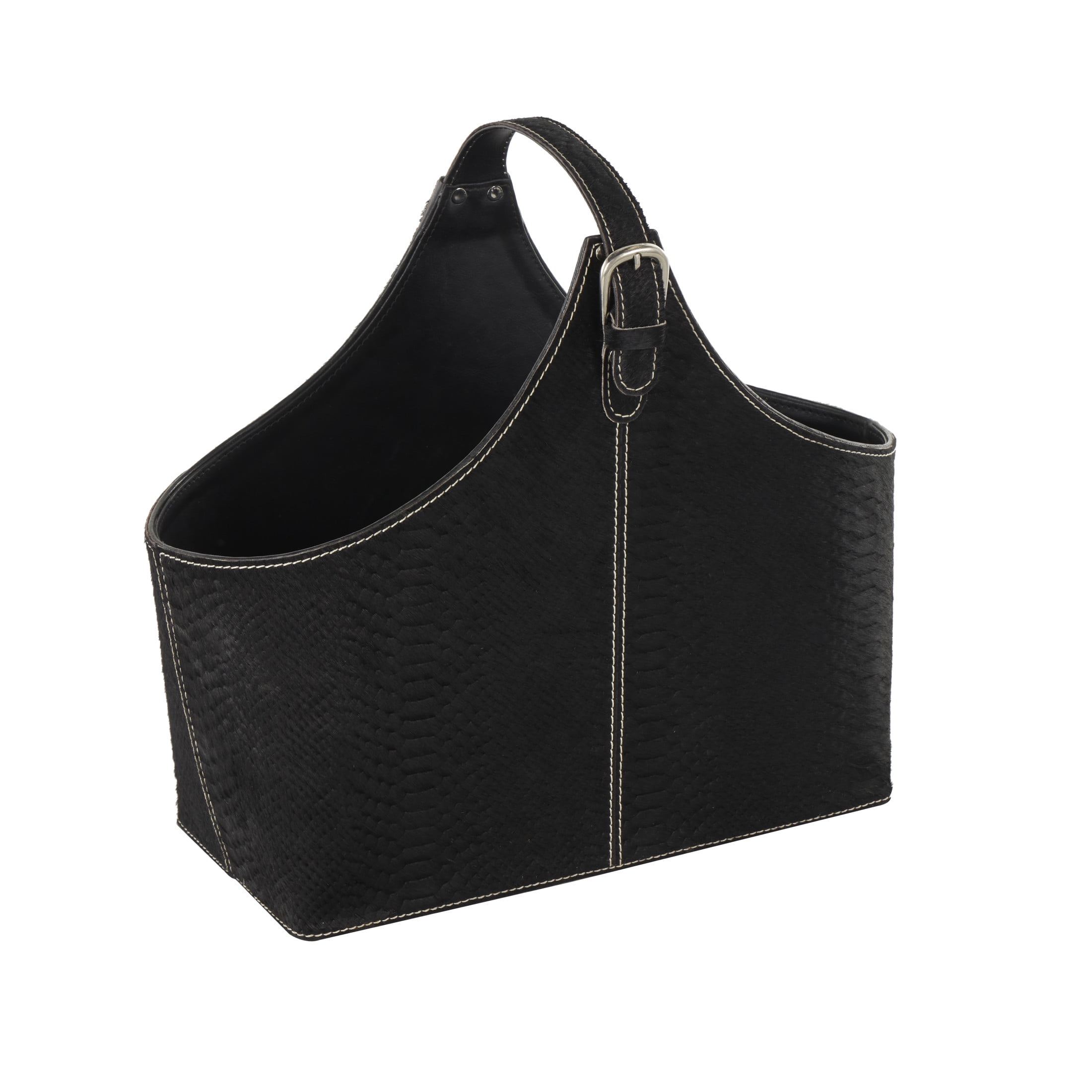 DecMode 15" Black Leather Handmade Box Style Magazine Holder with Detail Stitching and Curved Buckle Handles