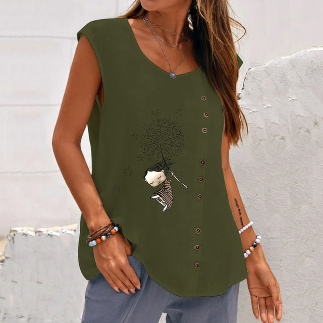 SMihono Hauts pour Femmes Débardeur pour Femmes Été Décontracté Sans Manches Bouton Gilet Col Rond Blouse Ample Haut Actif Débardeurs pour Femmes Hauts d'Été pour Femmes