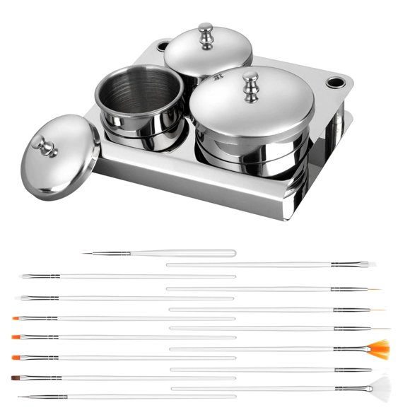 3 piezas de soporte de polvo líquido acrílico de acero inoxidable para uñas con tapas, cuencos de acrílico para decoración de uñas, plato Dappen y 15 pinceles para decoración de uñas para herramientas