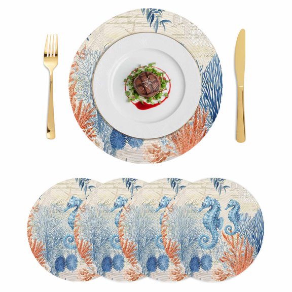 Blue Red Seahorse Coastal Round 13 Inch Placemats Set of 4, Summer Beach Coral Nautical Vintage HeatResistant Non Slip Place Mats for Dining Table, Wipeable Kitchen Table Mats for Housewarming