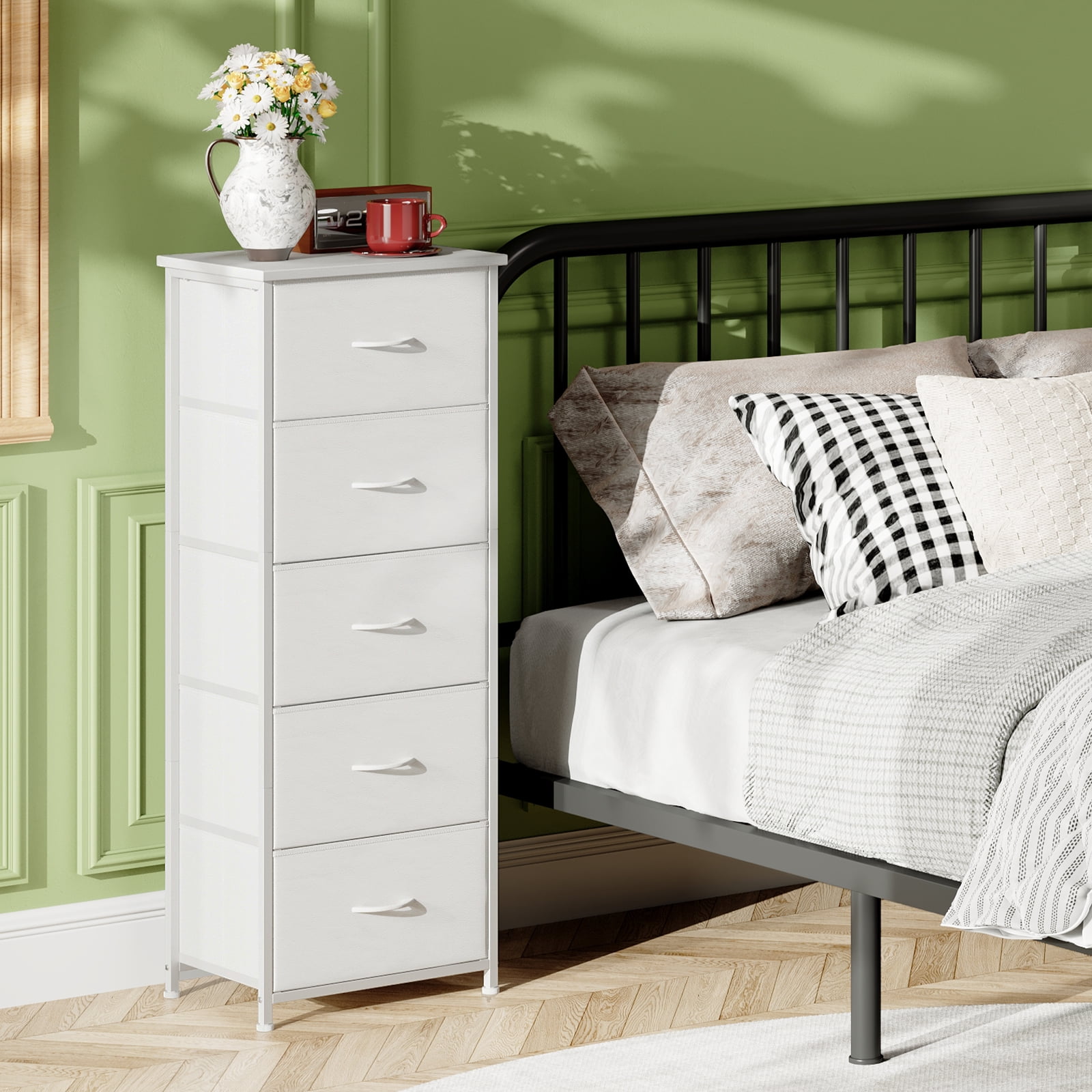 Eunos White Tall Dresser for bedroom, 5 Vertical Fabric Drawers Nightstand, Living Room Hallway