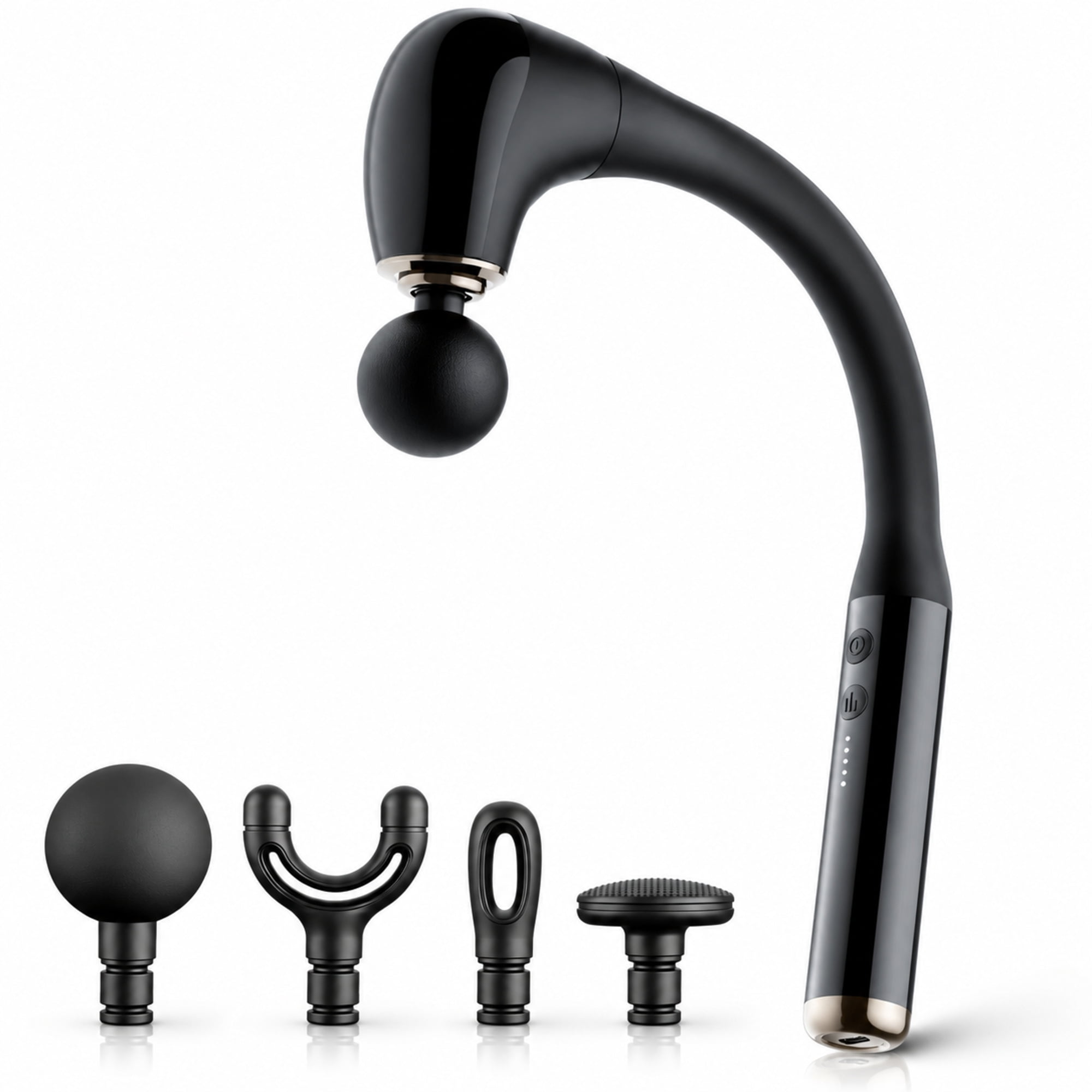 Fenbeli Massage Gun with Extended Handle Deep Tissue Percussion Muscle Massager with Ergonomic 120-Degree Curved Handle Multiple Speeds and Heads Rechargeable Cordless Black
