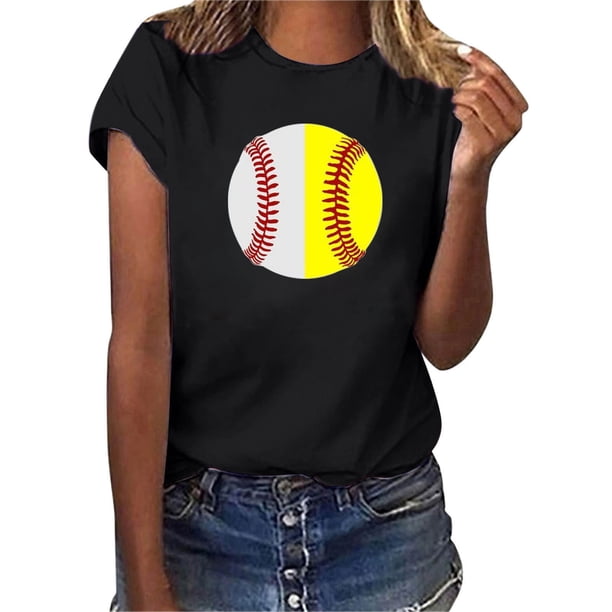 Gibobby Playera Manga Corta para Mujer Mujeres Casual Béisbol Impresión Mangas Cuello Redondo Camiseta Suelta Blusa Tops(Negro,M)