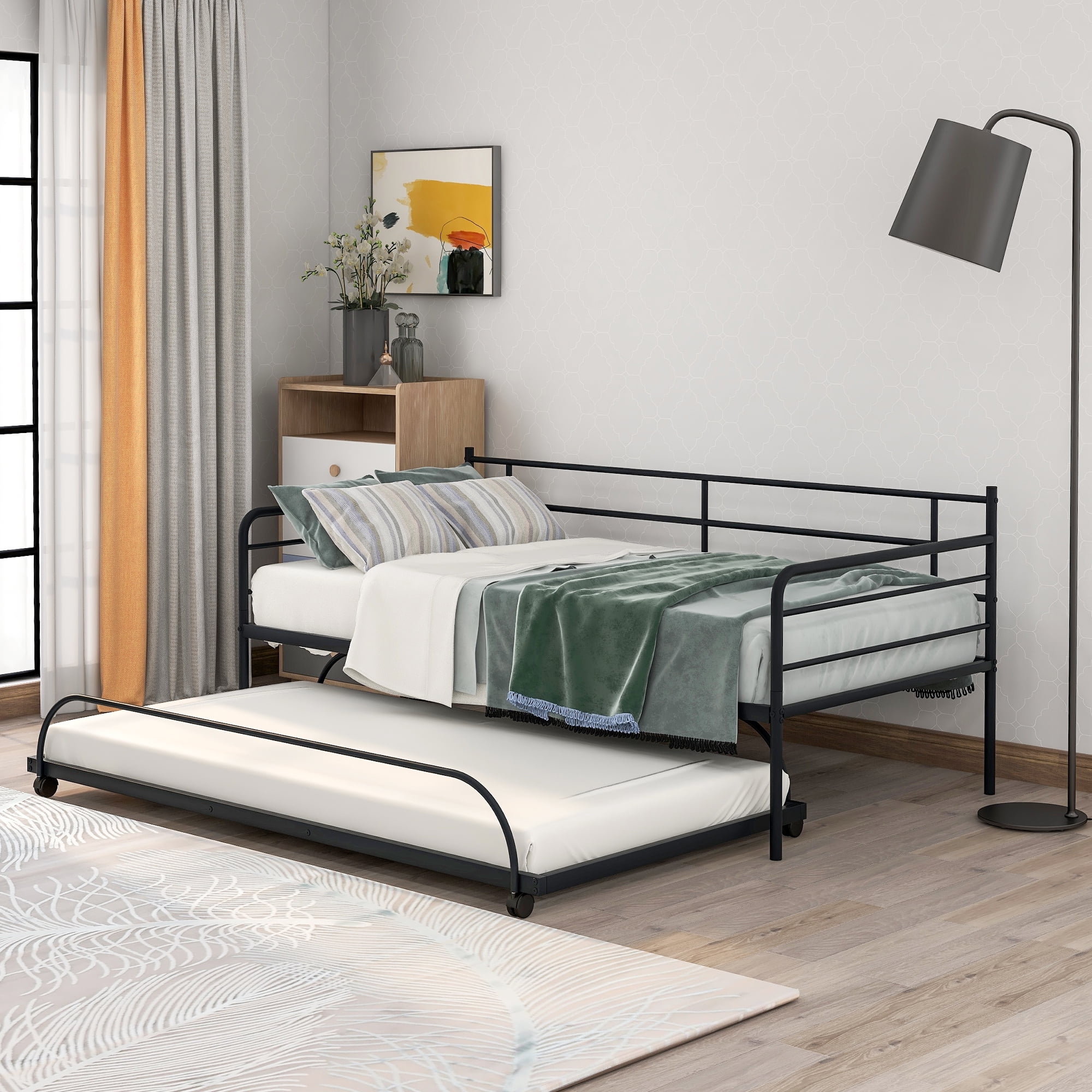 Premium Daybed Metal Bed Frame, Twin Size Bed with Trundle, Daybed and ...