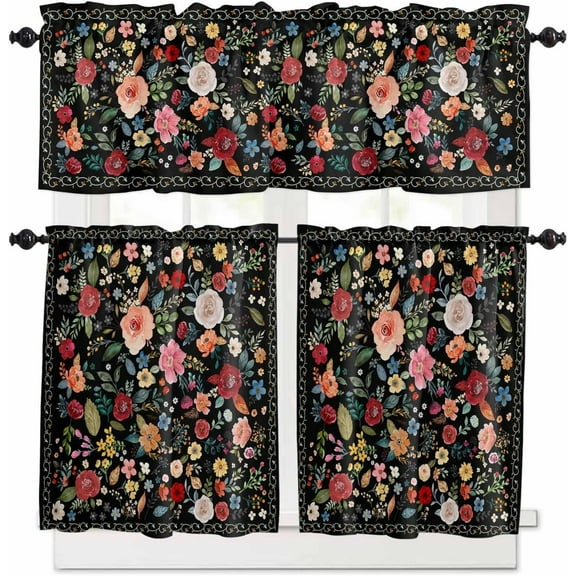 Colorful Flowers Kitchen Curtains and Valances Set, Rod Pocket Curtains Tier Farmhouse Window Curtains 24 Inch Length, Spring Summer Botanical Plants Rustic 3 Piece Kitchen Curtains Set