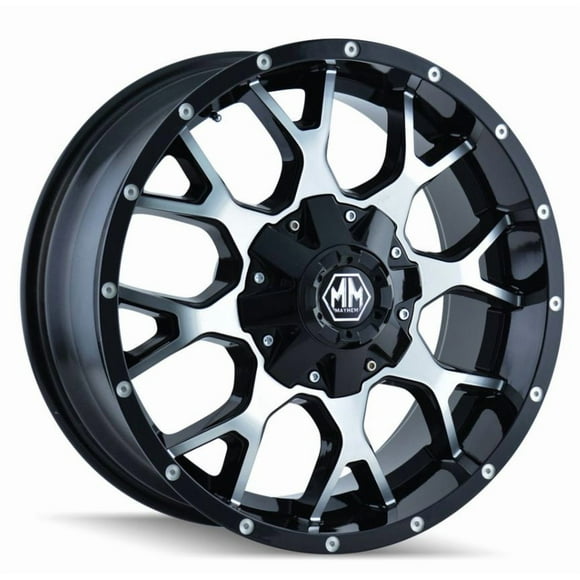 Mayhem Wheels Wheel 8015-2937B18 Warrior 8015; Diamètre de 20 Pouces x Largeur de 9 Pouces; Écartement de Siège Conique à 60 Degrés; Décalage de 18 Millimètres; Entraxe de 5,71 Pouces; Alésage Central de 108,00 Millimètres; 8 Rayons Divisés