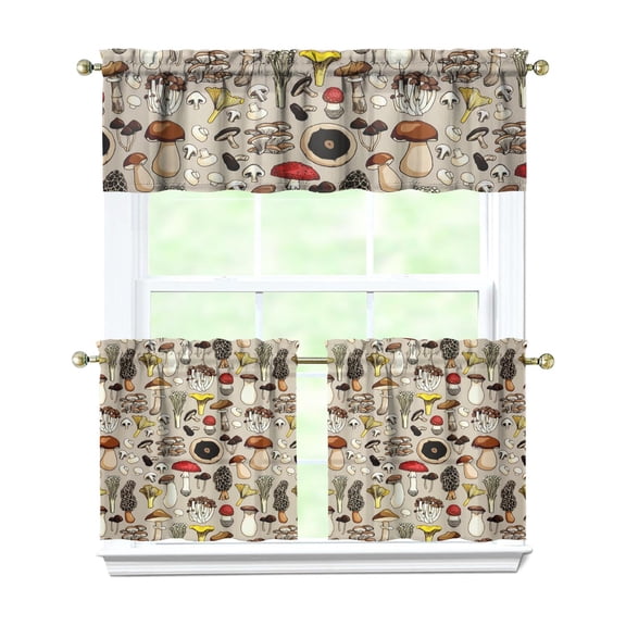 Woodland Mushroom Kitchen Curtain 3pcs Set 27.5x24in, Polyester Botanical Tier Panels and Valance, Rustic Fall Window Drapes for Holiday Decor and Cabin Kitchen