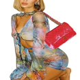 thumbnail image 2 of Femmes Papillon Imprimé Mini Robe Manches Longues Profonde V-Cou Creux Lacets Bodycon, 2 of 4