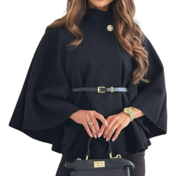 Womens Wool Blend Cloak Pea Coat Mock Neck Batwing Sleeve Poncho Jacket Elegant Cape Cardigan Outwear with Belt