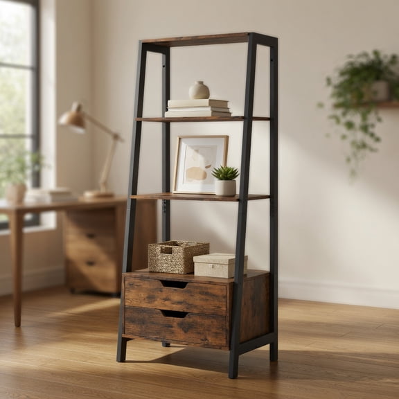 Resenkos 4-Tier 52.5" Ladder Shelf with 2 Drawers - Freestanding Bookcase, Rustic Brown & Black