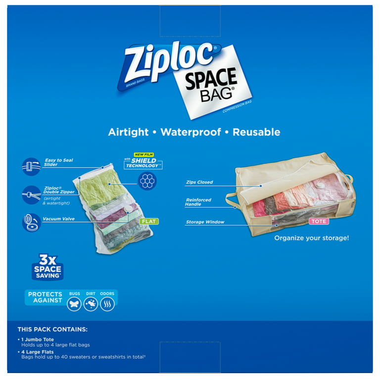 Ziploc Space Bag Organizer Set-Clear, 1 Jumbo Tote, 4 Large Flat