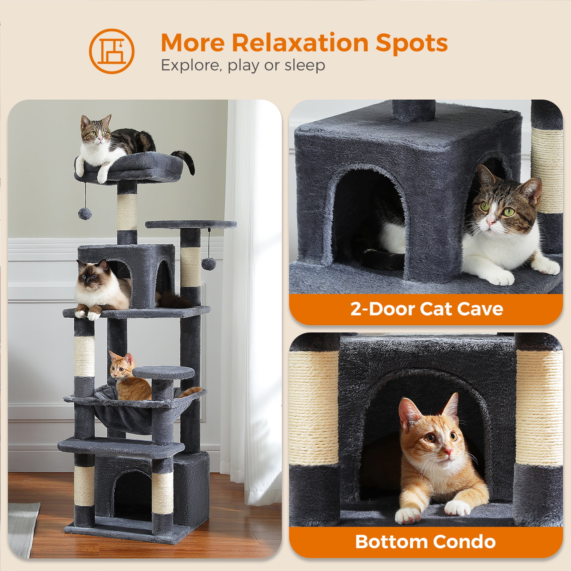 Pefilos 53" Tall Cat Tree Tower with Spacious Hammocks, Condos and Scratching Posts, Cat House with Dual Padded Perches for Indoor Large Cats, Dark Gray