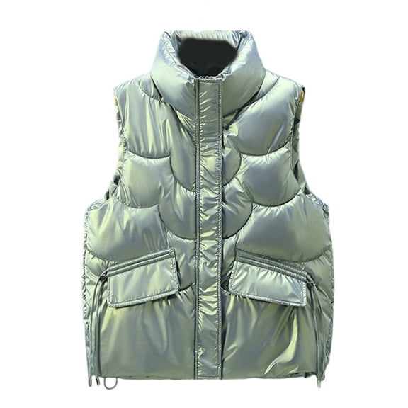 Yokua Winter Solid Puffer Vest Women Zipper Up Padded Drawstring Hem Gilet Jackets