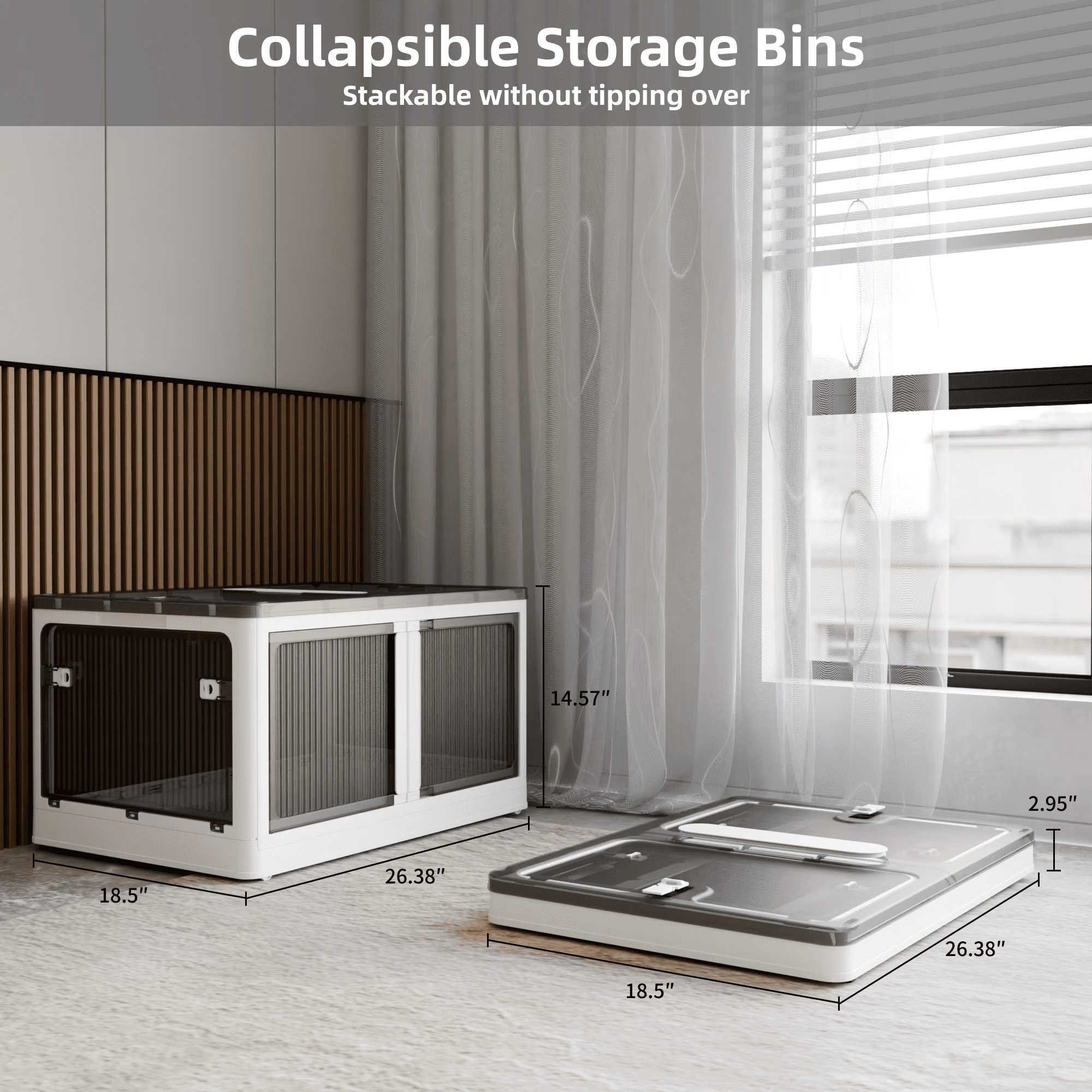 384QT 3-Pack Transparent Stackable Storage Bins with 5 Doors to Open with Wheels, Folding Plastic Craft Containers Large Closet Organizers Box for Bedrooms Living Rooms Study Kids' Toys, White