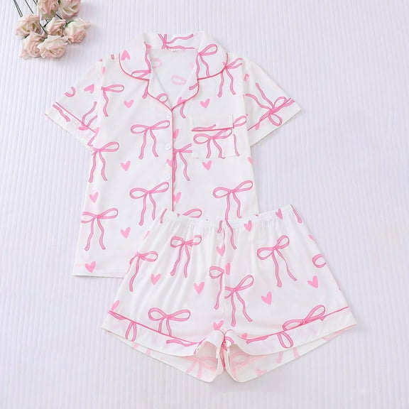 Bow Print Pajama Sets For Women Women'S Bow Print Sleepwear Set With Collar And Short Sleeves Sweet Ribbon Cozy Pjs Sets White Xl