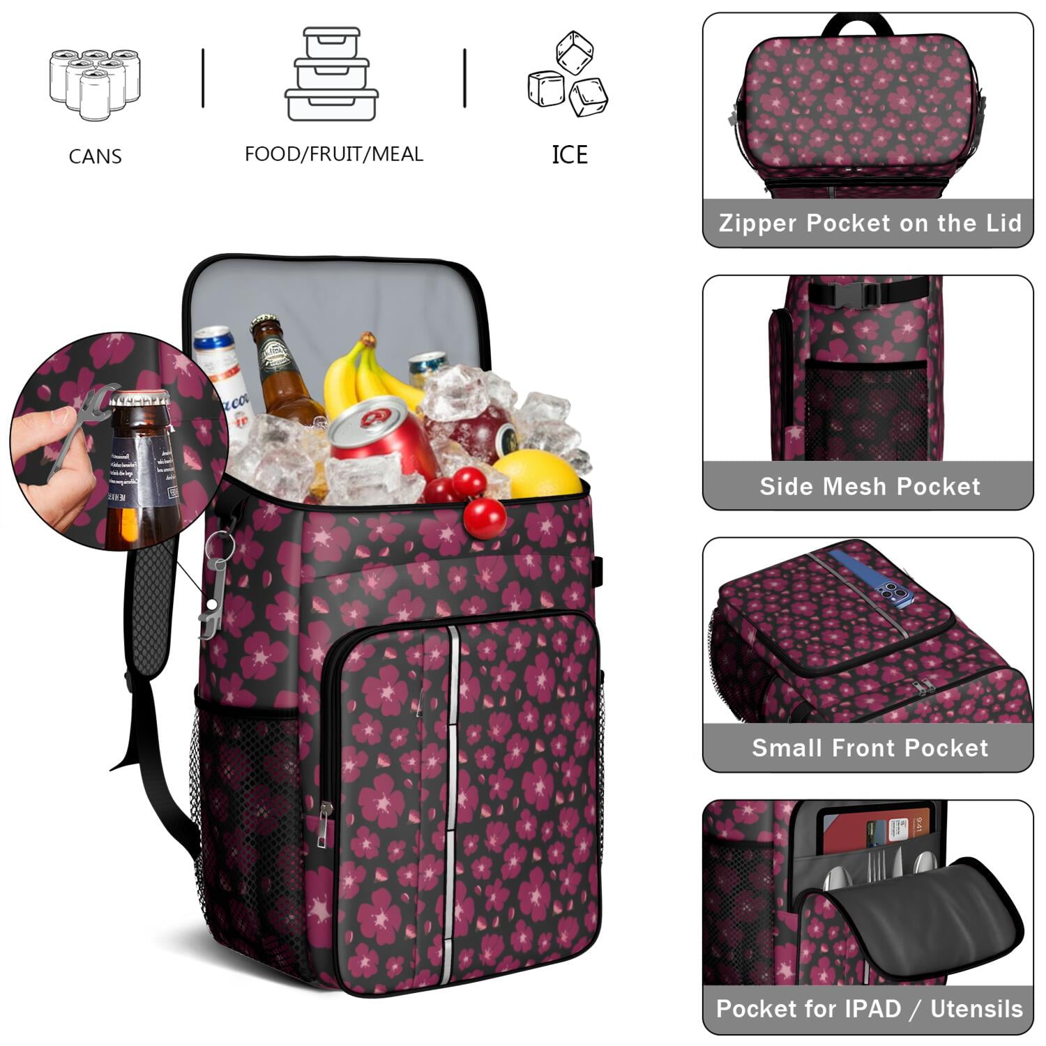 Travel Cooler Bag - Pioneer Flower Floral Print Pattern Camping Beer Cooler Backpack with Bottle Opener- Waterproof Insulated Picnic Backpacks - Cooler Bag for Beach