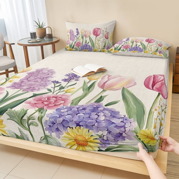 Queen Size Fitted Sheet Set - Spring Floral 3 Piece Bedding Sets 16" Deep Pocket Fitted Sheet with 2 Pillowcases, Pink Tulip Summer Botanical Rustic Brushed Microfiber Hotel Luxury Bed Sheets