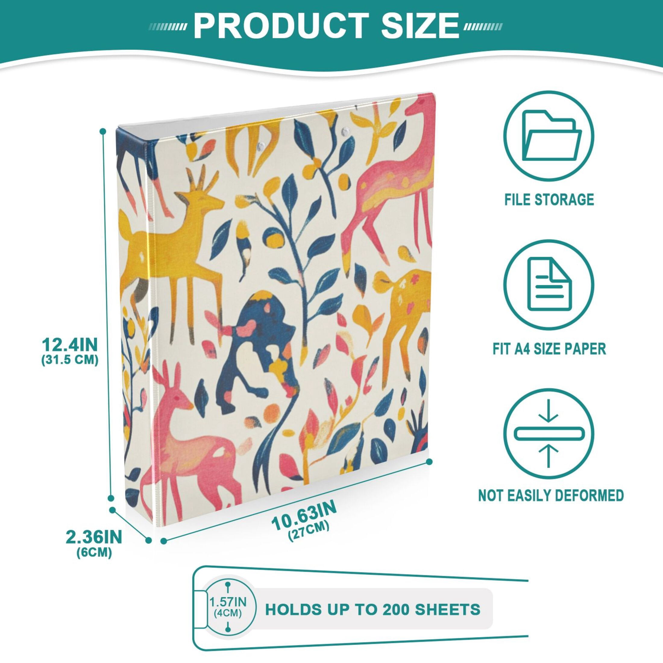 Colorful Deers 3 Ring Binders 1.5 inch Hardcover File Folders with Interior Pockets A4 Size Organizer for School Office Hospital Set of 2