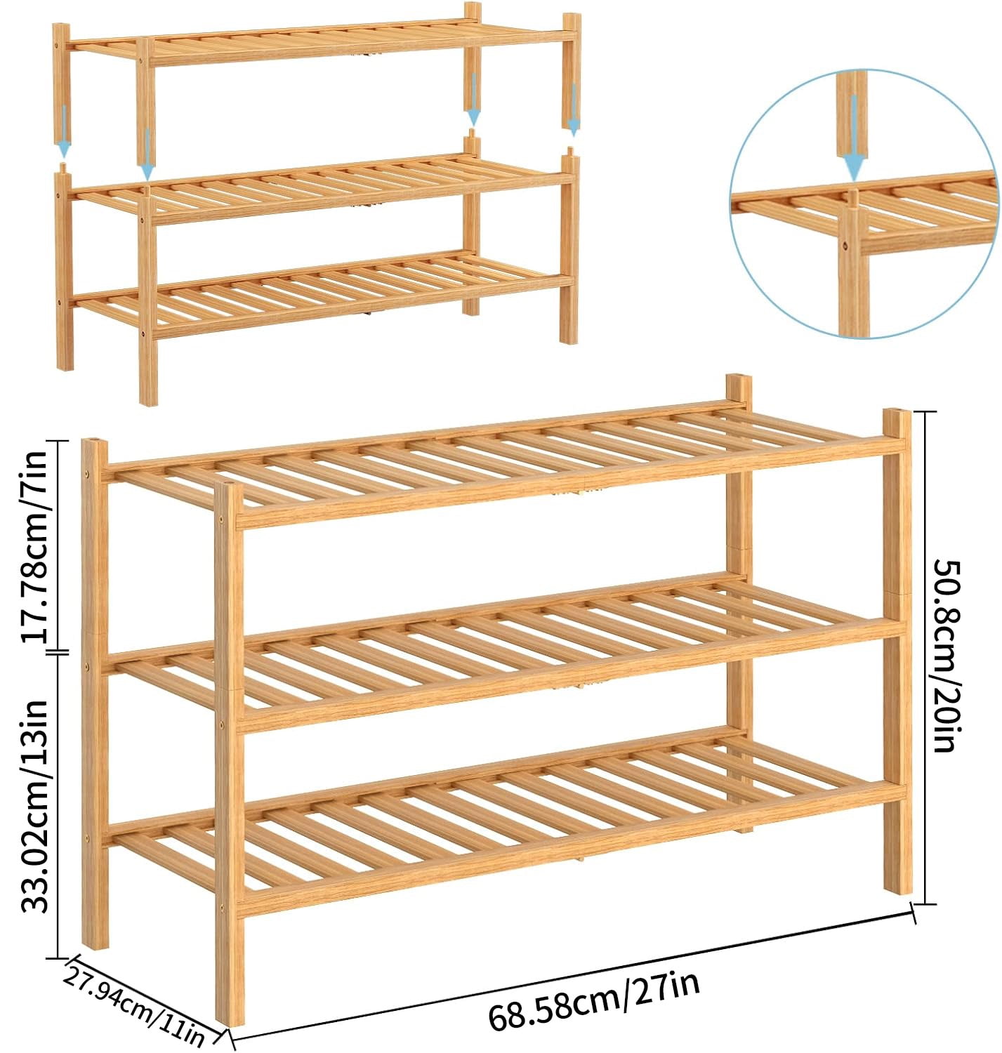Bamboo 3 Tier Shoe Rack Wood Shoe Shelf Storage Organizer for Closet, Entryway, Small Space & Front Door Entrance Free Standing Stackable 27"x11"x20" (68.58cm x 27.94cm x 50.8cm) (Natural)