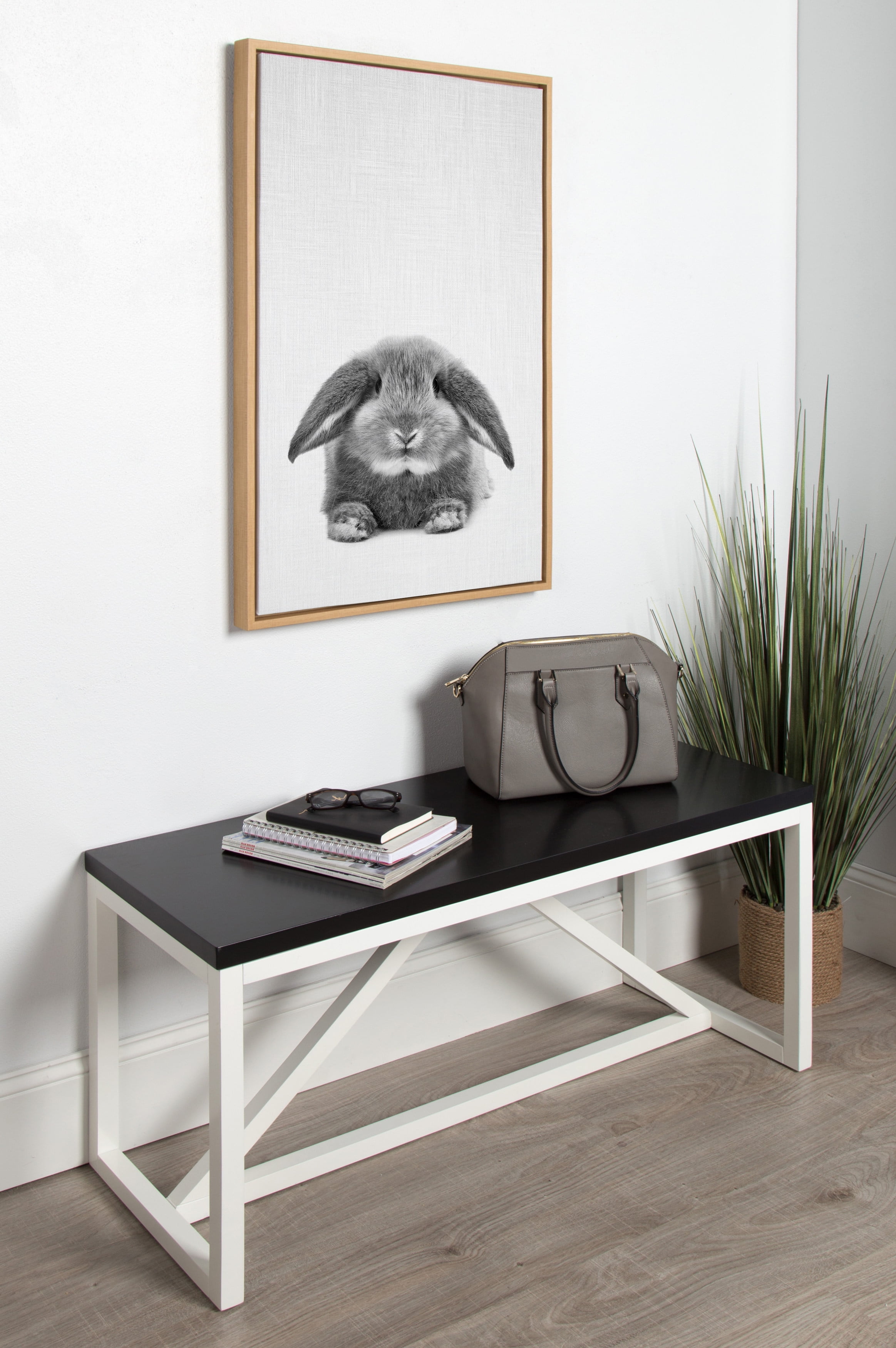 Kate and Laurel Sylvie Rabbit Animal Print Black and White Portrait Framed Canvas Wall Art by Simon Te Tai, 23x33 Natural