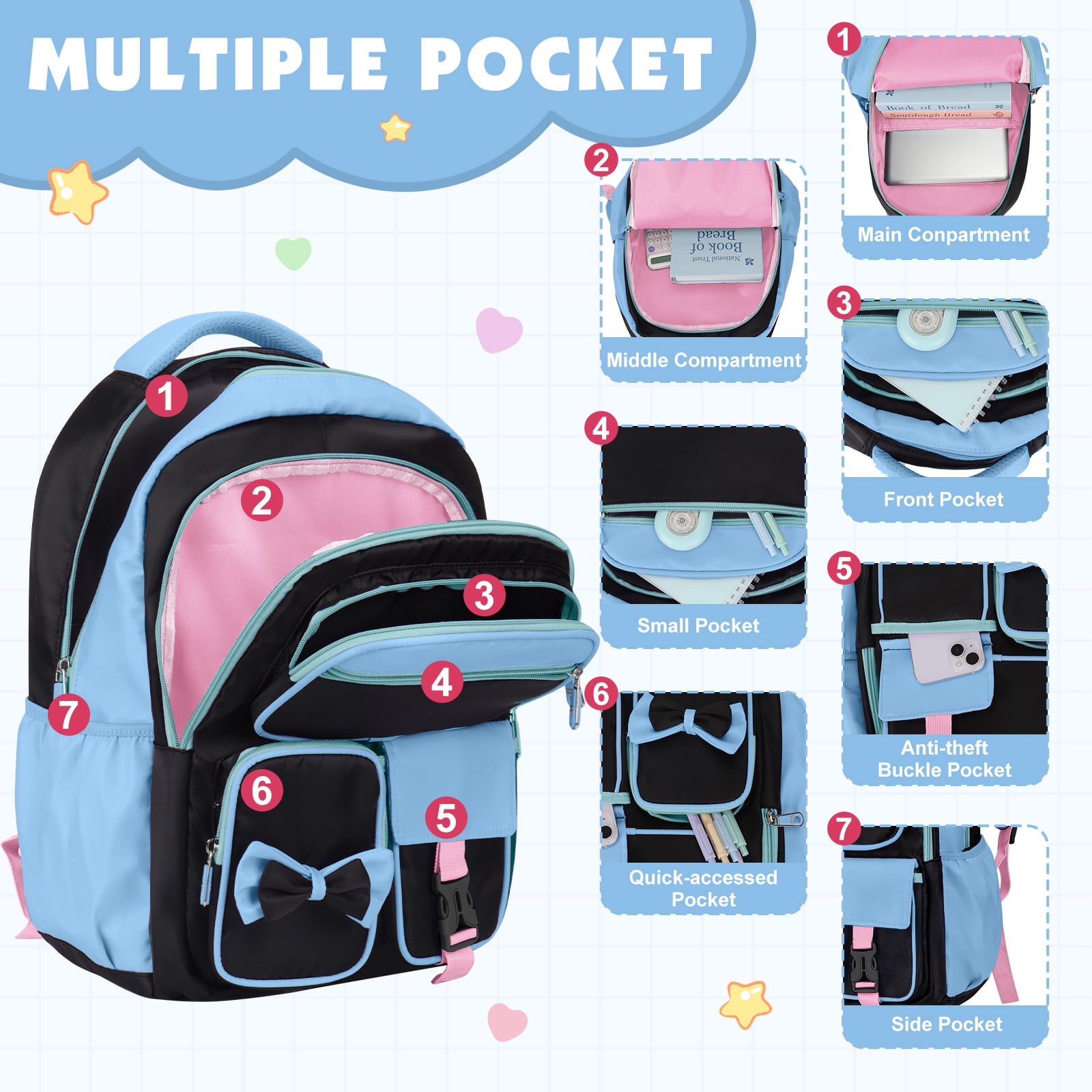 DAKIMOE Kids Backpack School Backpacks for Teens Cute Girlish Middle High School Bookbag Large Capacity Lightweight Waterproof Daypack for College Students
