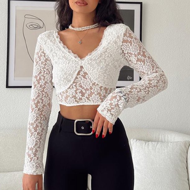 Cami Top de encaje para mujer, camiseta sin mangas de manga larga sin espalda, estilo Y2K, cuello en V, atuendo diario FLhrweasw Para estrenar