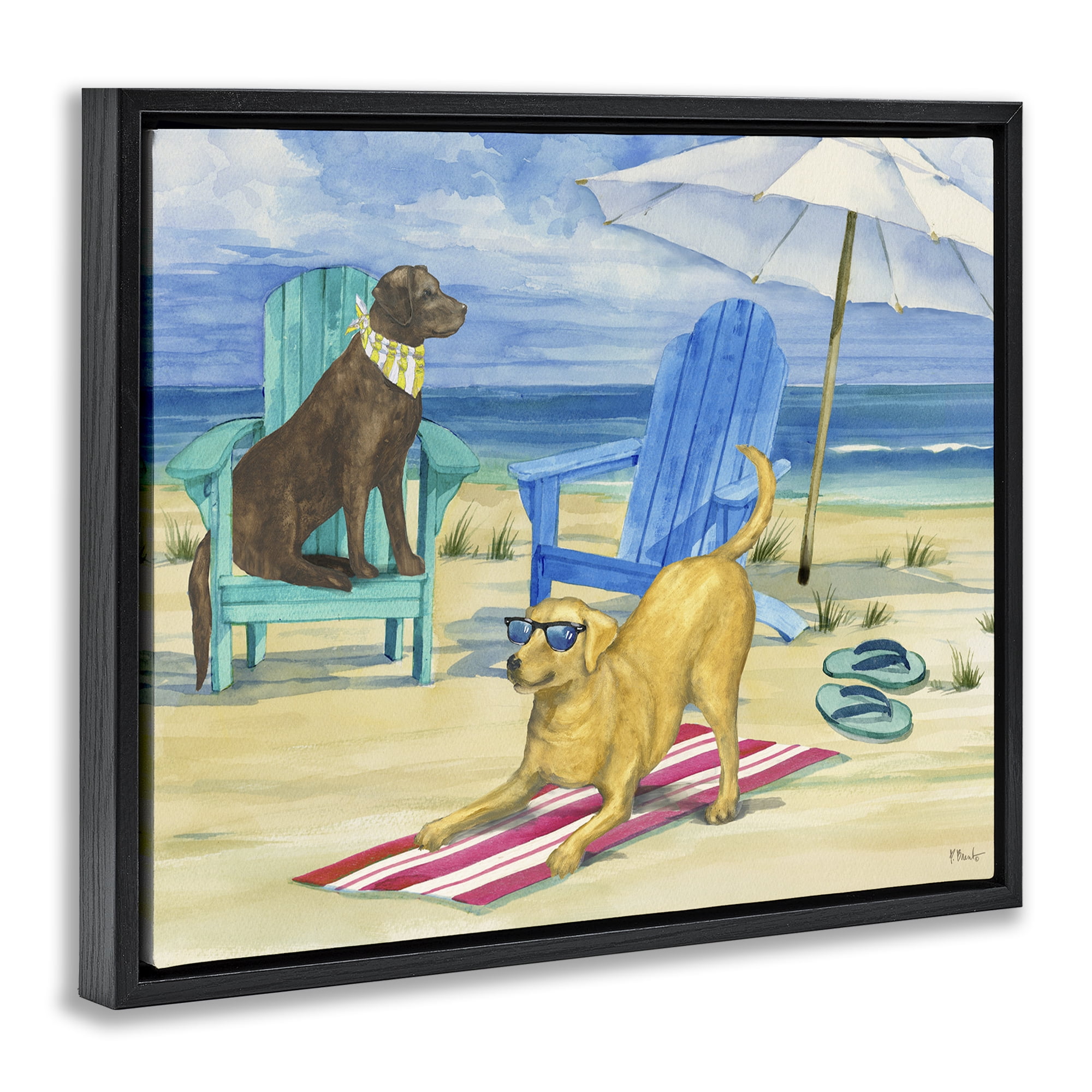 Stupell Industries Dogs on Beach Towel Animals & Insects Painting Black Floater Framed Canvas Art Print Wall Art, 31 x 25