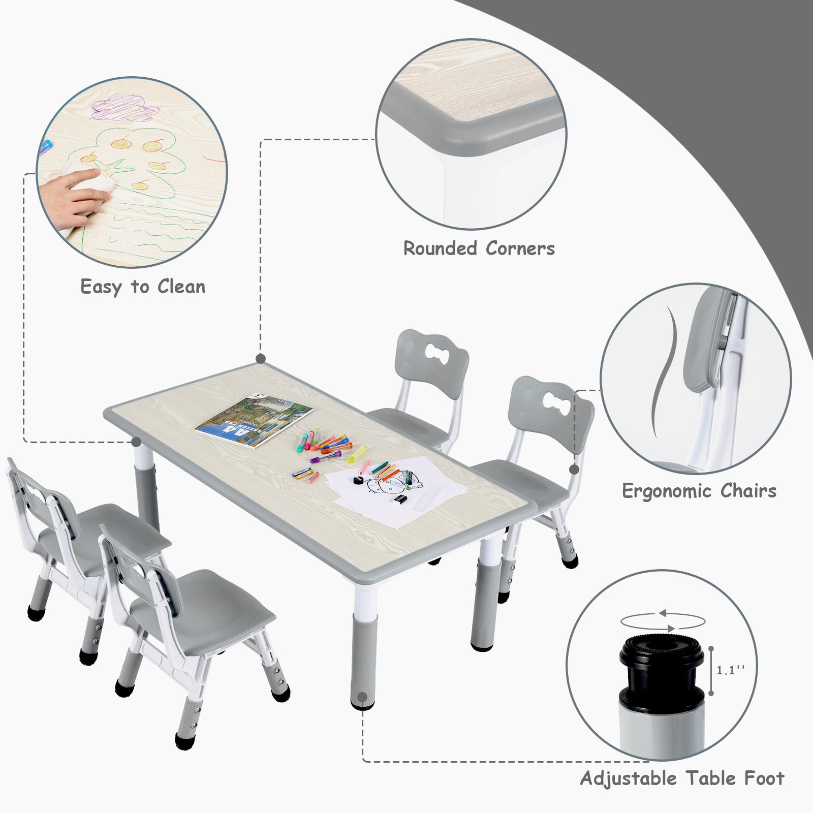 Pirecart 5-Piece Kids Table & Chairs Set Toddlers Activity Table Set Height Adjustable Play Table and Chair Set for Reading, Drawing, Eating, Gray