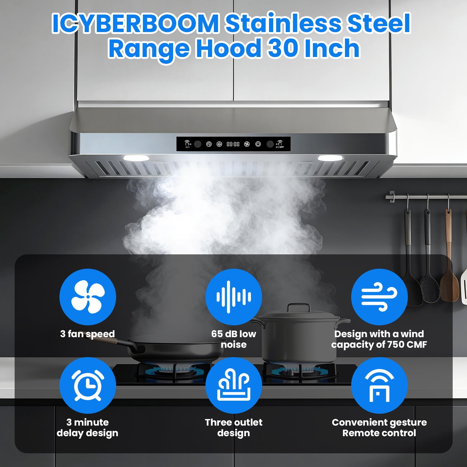 ICYBER BOOM 30 Inch Under Cabinet Range Hood, 750 CFM Max Airflow Stainless Steel Kitchen Vent Hood, Gesture & Remote Control, 3 Speeds, 3-Min Delay, 65 dB, LED Lamp