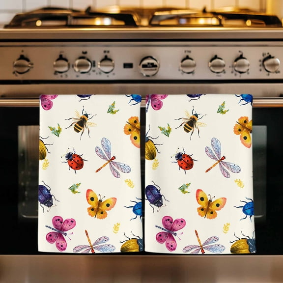 Cute Butterfly Dragonfly Kitchen Towels Set of 2, Farmhouse Botanical Floral Beige Absorbent Dish Towels for Kitchen, Microfiber Hand Towel, Quick Drying Tea Towel for Cleaning Decorative Dishcloths