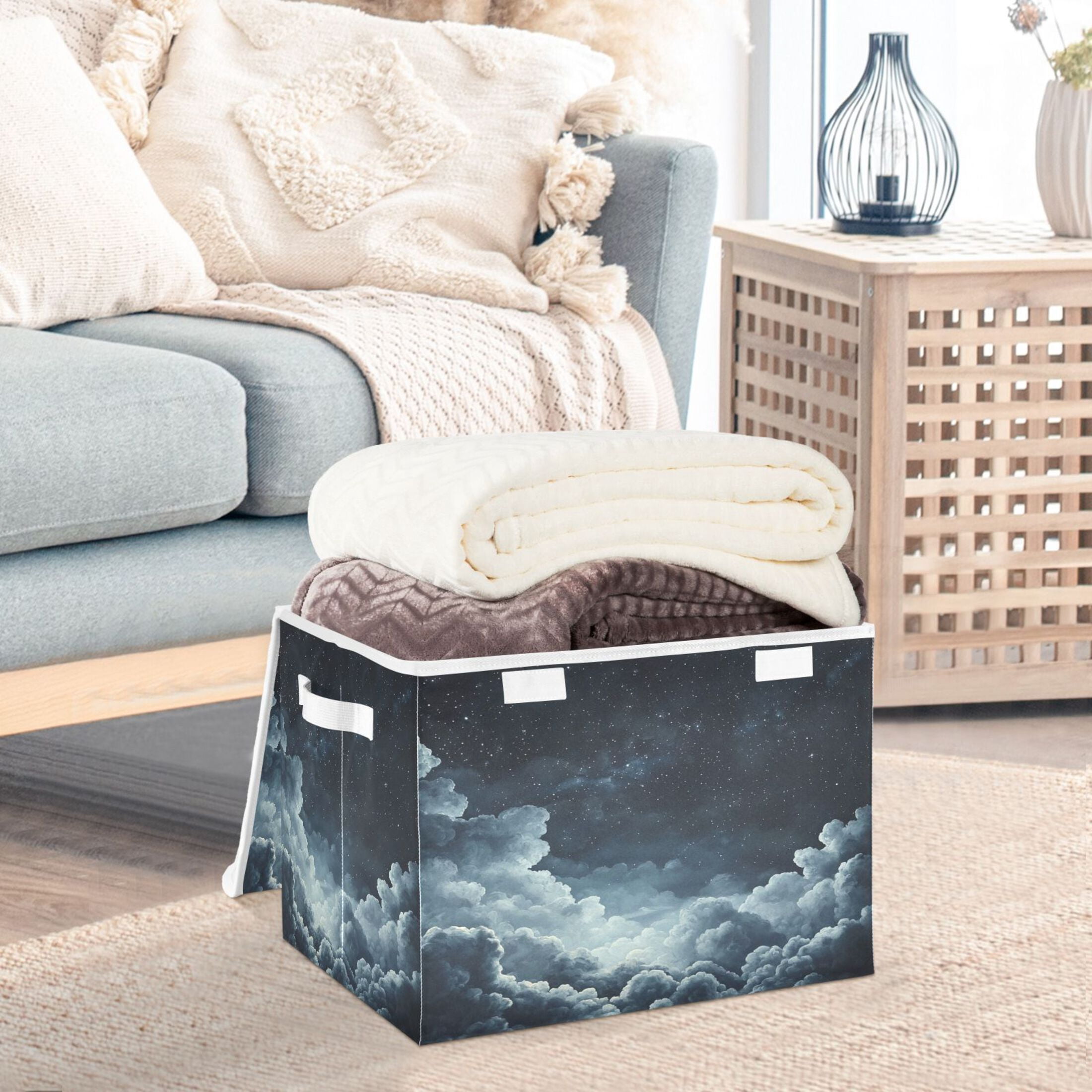 WOBOGO Starry Night Sky Picture Large Collapsible Storage Box Flip Lid Fabric Decorative Organizer Container Basket with Handles 16.5×12.6×11.8in
