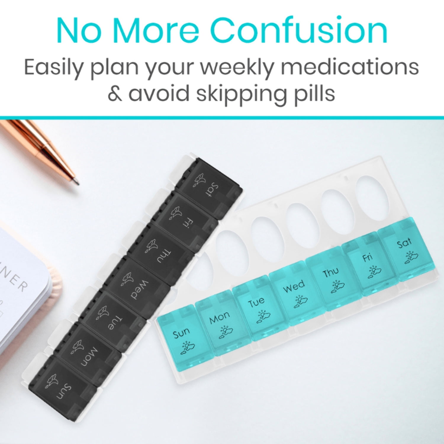 Vive Weekly Medication Organizer – Push-Button Pill Box with Removable AM/PM Trays, BPA-Free Travel Medicine & Vitamin Storage Case