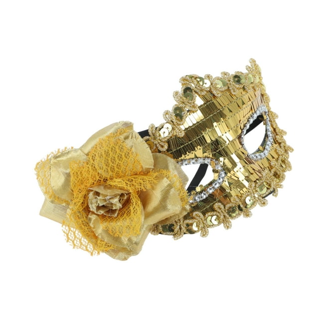 Unique Bargains 1 Pce Masque de Fête Demi-Visage à Sequins Floraux pour Fête de Mascarade Ton Or