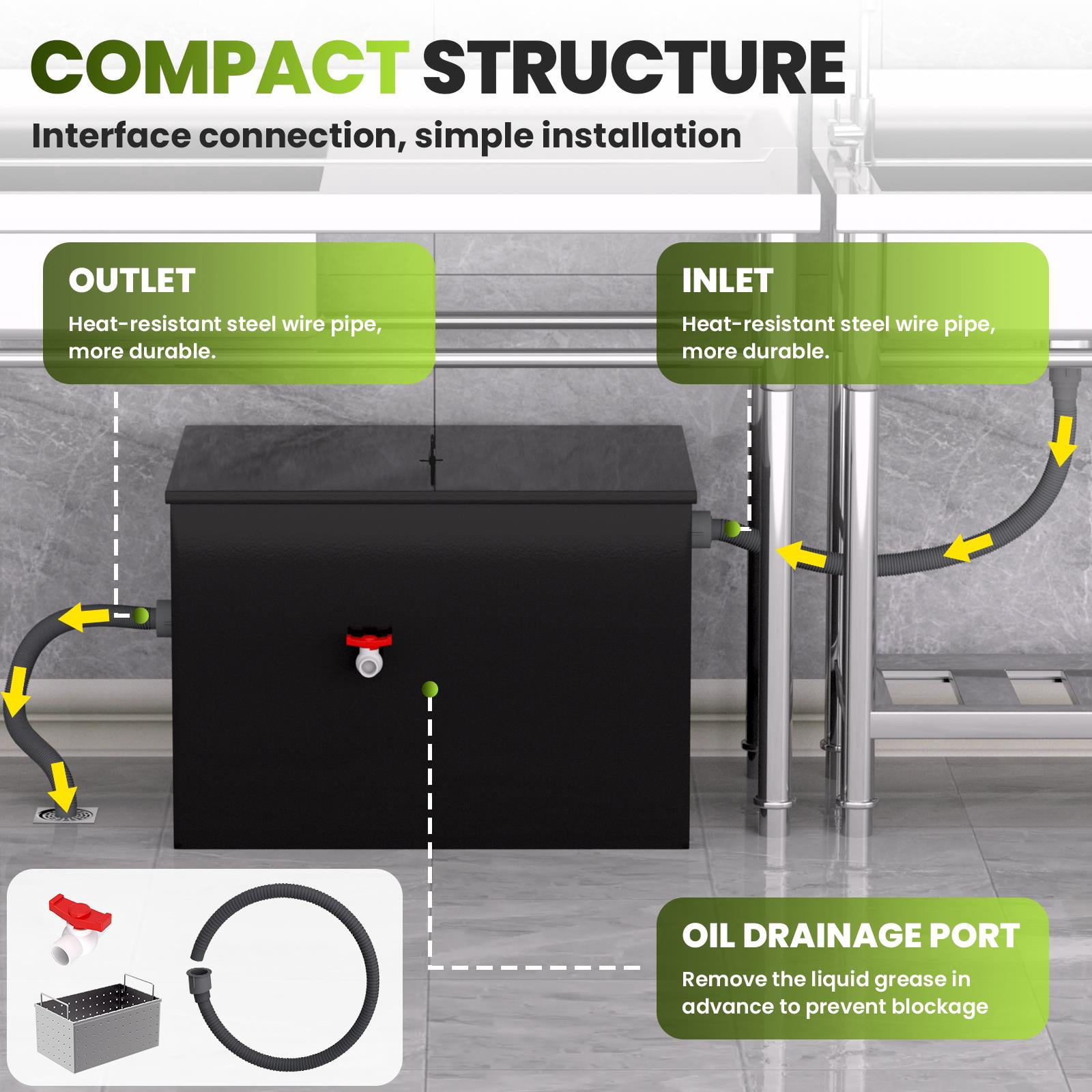 40 LBS Commercial Grease Trap, 15.32 GPM, Threaded Carbon Steel Under Sink Interceptor, 25.8" x 18" x 18" Oil-Water Separator for Kitchen