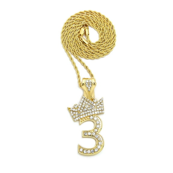 Stone Stud Tilded Crown Number Pendant with 3mm 18" Rope Chain Necklace, 3, Gold-Tone
