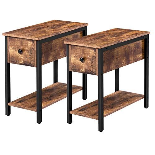 Hoobro Set Of 2 Narrow End Table Tier Nightstand With Drawer And Shelf Side For Small Spaces Stable Sy Wood Look Accent In Bedroom Rustic Brown Black 04bzp20 Hoobro Set Of 2 Narrow End Table, Narrow End Table With Drawer And Shelf