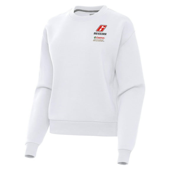 Women's-Antigua  White Brad Keselowski Victory Crewneck Pullover Sweatshirt