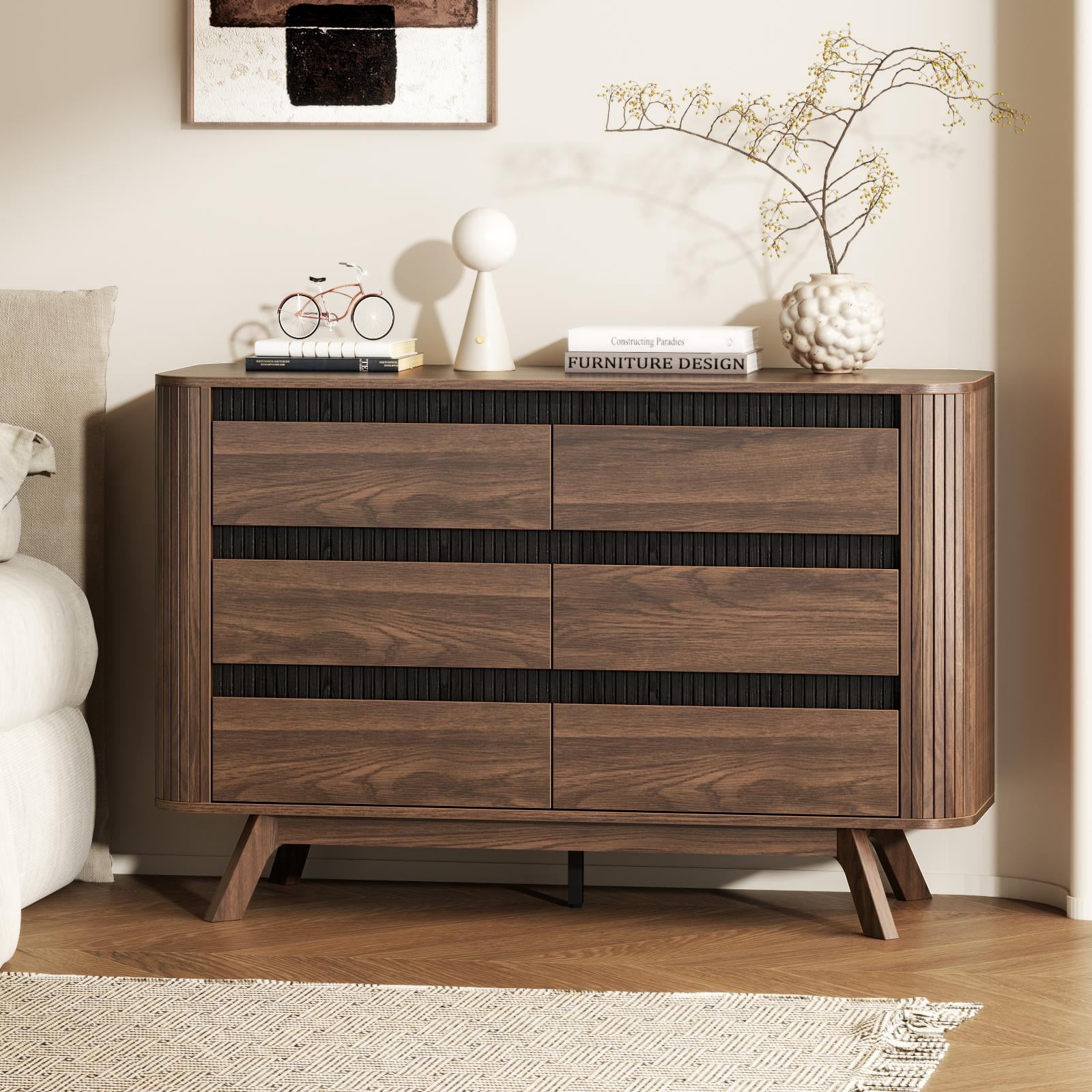 Satifur 47.2″ Wide 6-Drawer Wooden Dresser & Chest of Drawers, Bedroom Storage Cabinet & TV Stand, American Walnut