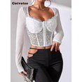 thumbnail image 4 of Cotvotee Women Clothing Corset Top Sheer Sexy Lace Long Sleeve Square Collar Breasted Tops Streetwear Fashion New Chic, 4 of 5
