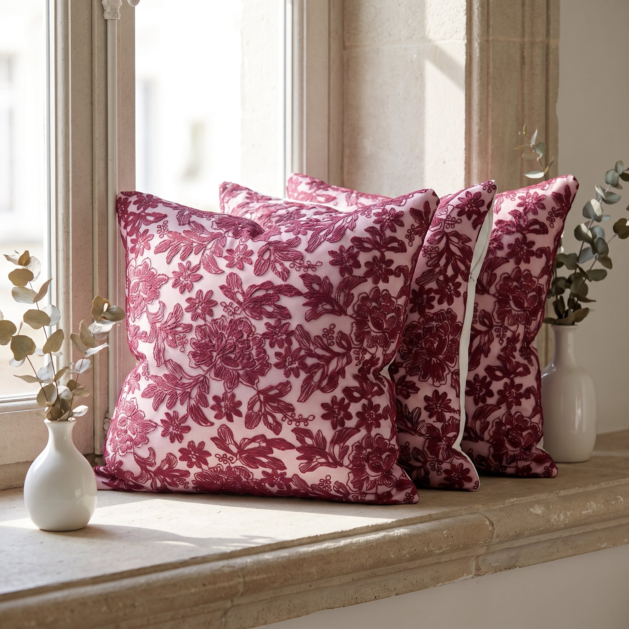 Unique Bargains Elegant Vintage Floral Throw Pom-Pom Pillow Covers Red 18" x 18"
