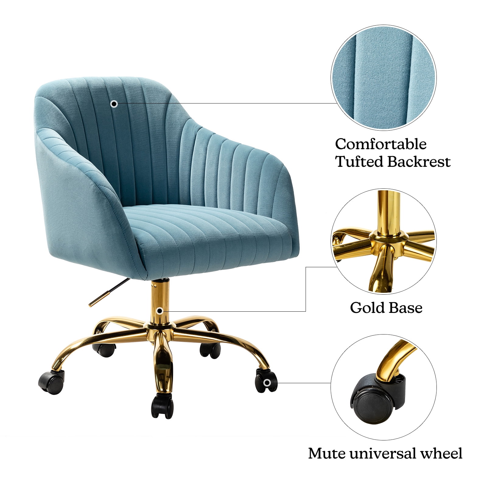Velvet Office Desk Chair Makeup Vanity Table Chairs Adjustable Armchair Gold Legs Blue
