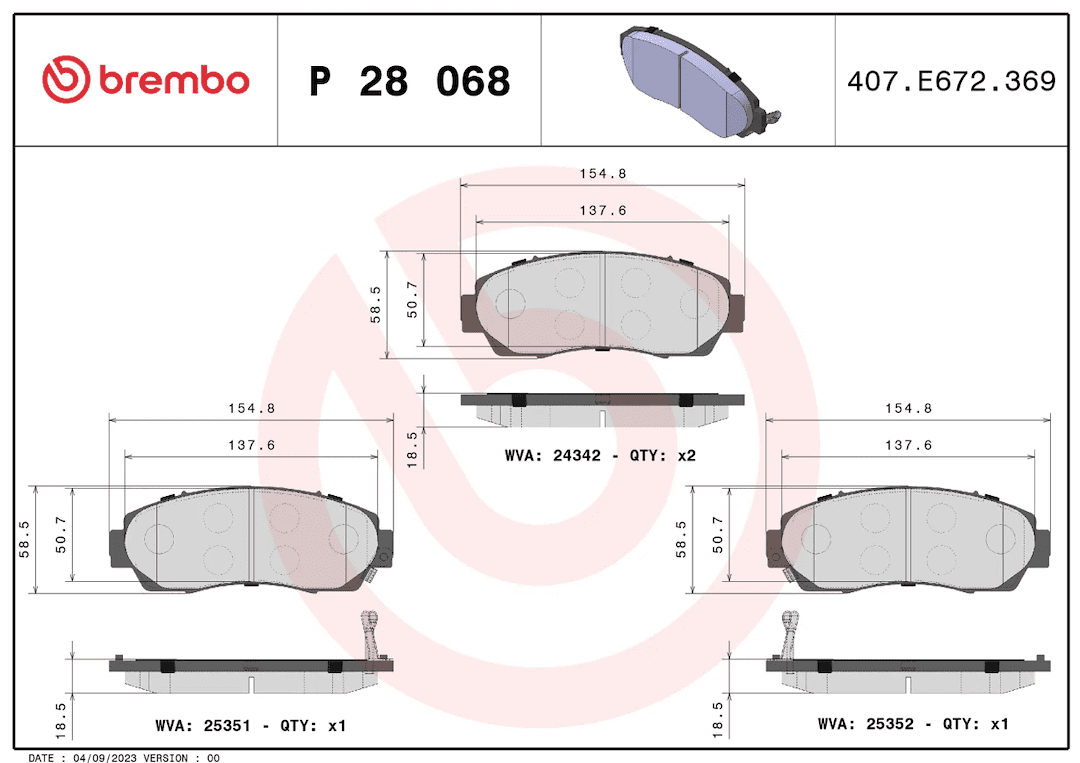 Brembo P28068; Brake Pad; PRIMELINE; FMSI Number D1089-7994/ D1521-7994; Low-Metallic; Set Of 4