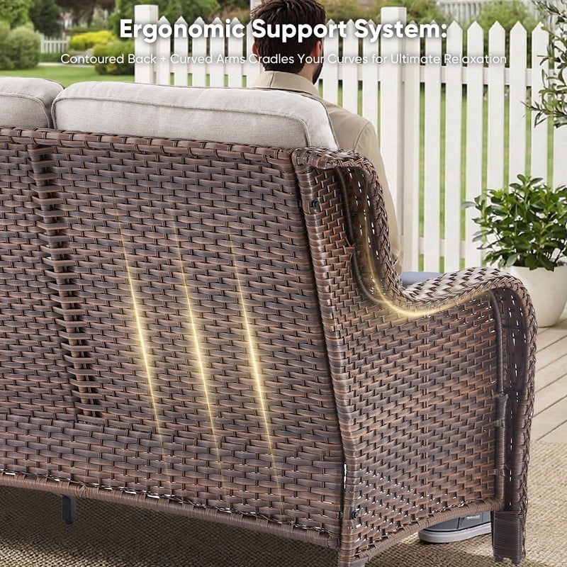 PARKWELL Outdoor Patio Wicker Furniture Set - 5 Piece Sectional Sofa Set with 3-Seat Sofa,2 Chairs and 2 Ottomans,Brown Wicker and Beige Cushion