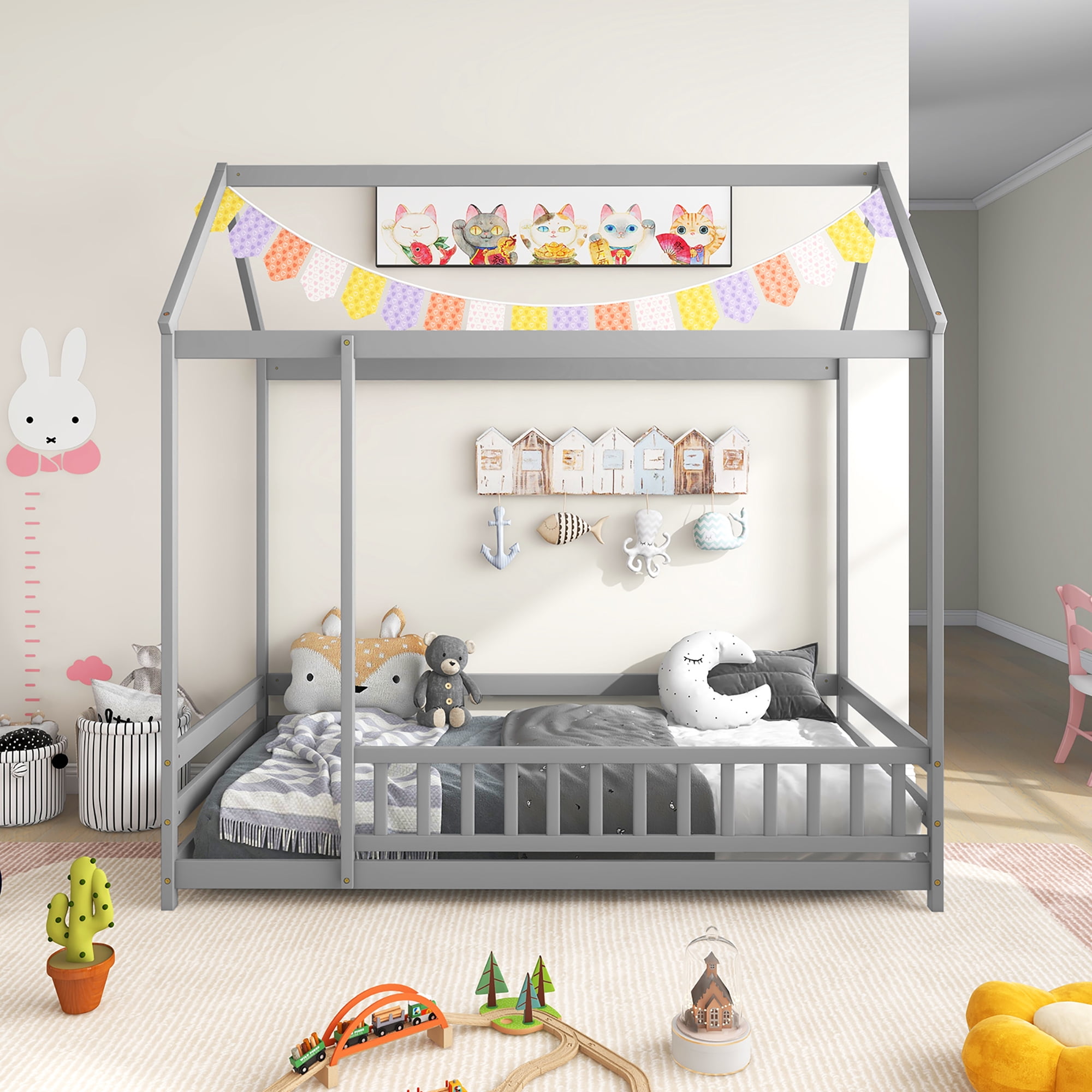 Gymax Twin Size House Bed w/ Roof & Full-length Safety Guardrail Playhouse Bed Frame Grey
