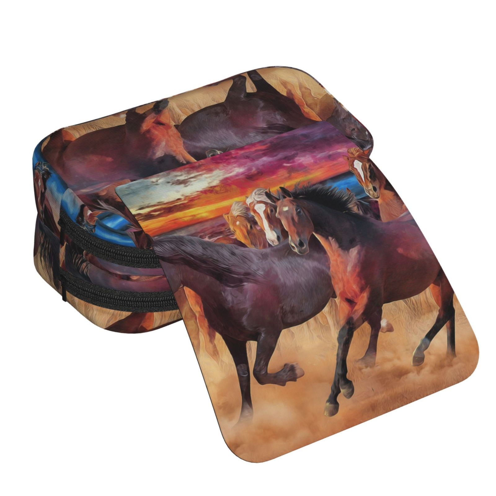 Rateoe a herd of horses Pattern Double Clamshell Pen Case, Storage Organizer with Two Zipper Compartments– Holds Up to 50 Pencils & Pens